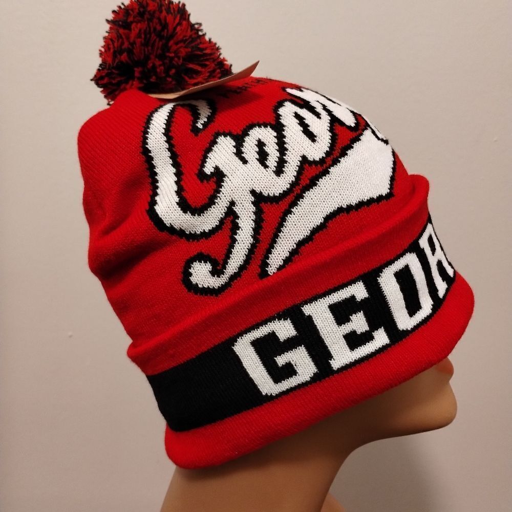 Georgia Knit Hat w/Pom Pom Red/Blk - Picture 2 of 6
